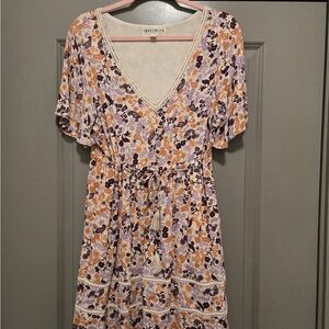 Floral V-Neck Drawstring Midi Dress in Lavender & Mustard